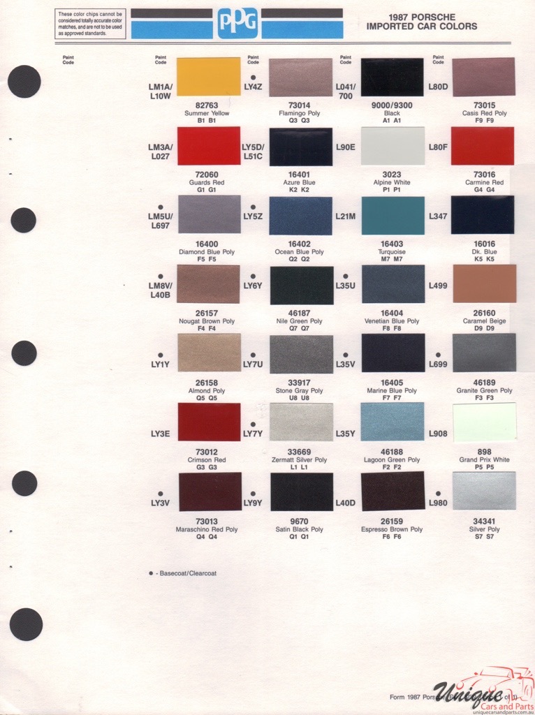 1987 Porsche Paint Charts PPG 1